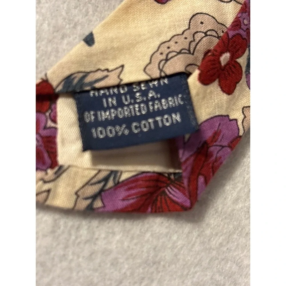 Lands End Floral Necktie Mens OS Tan‎ Purple Excellent 100% Cotton USA Hand Sewn